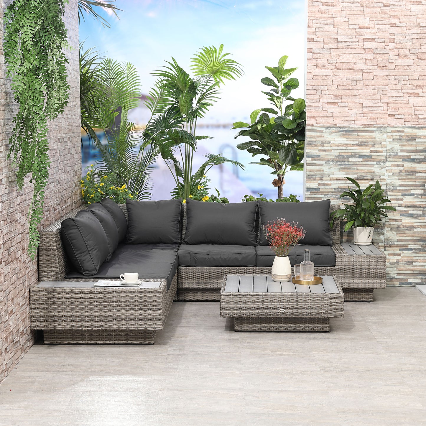 Vaneno Rattan Light Grey 5 Seater Outdoor Corner Sofa And Coffee Table Set With Cushions