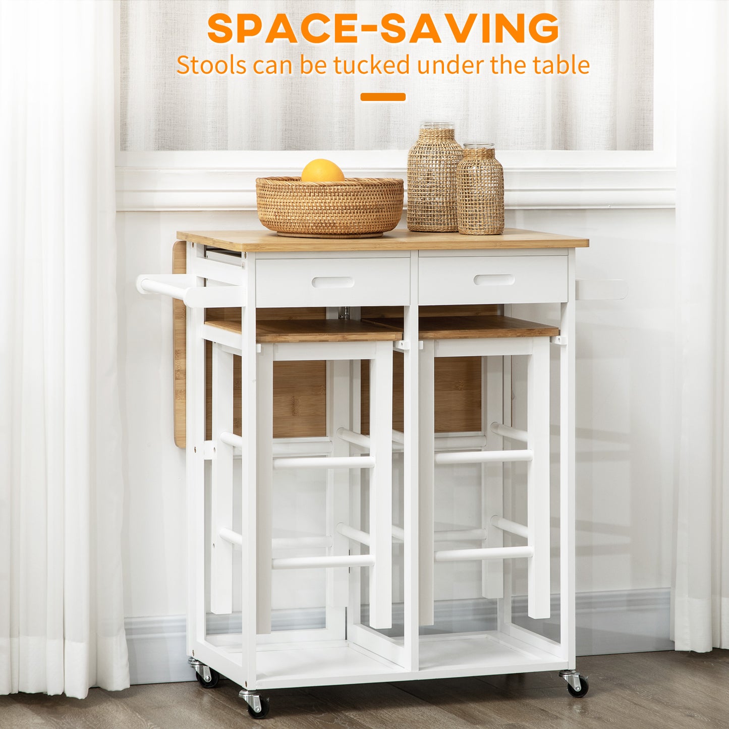Elvami Vafa Wooden White Kitchen Island Set With 2 Stools Drop Leaf Top Drawers And Towel Rack