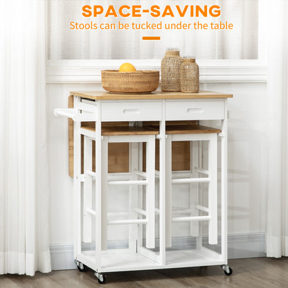 Elvami Vafa Wooden White Kitchen Island Set With 2 Stools Drop Leaf Top Drawers And Towel Rack