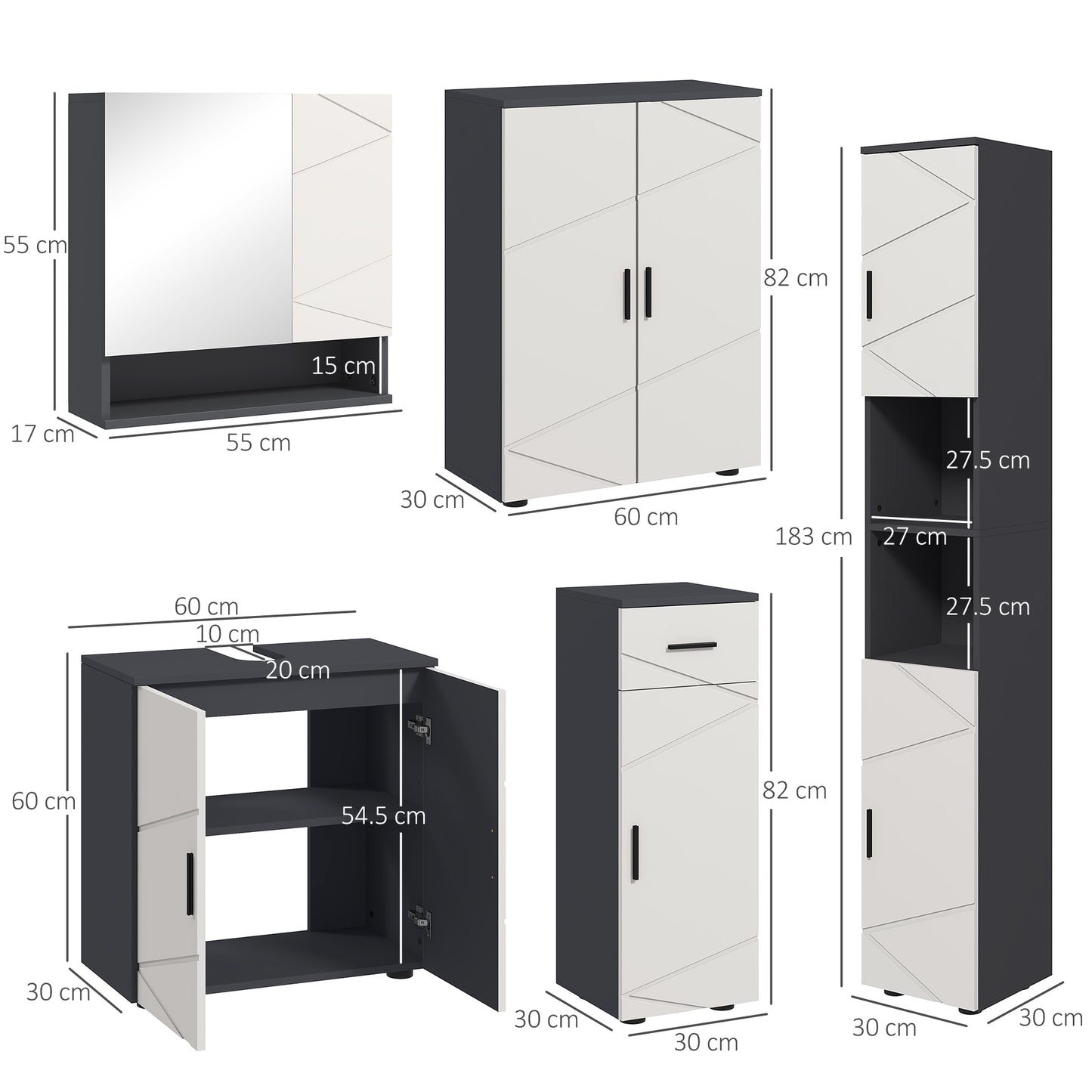Sekeno 5 Piece Bathroom Furniture Set With Tall Cabinets Mirror And Under Sink Storage Grey