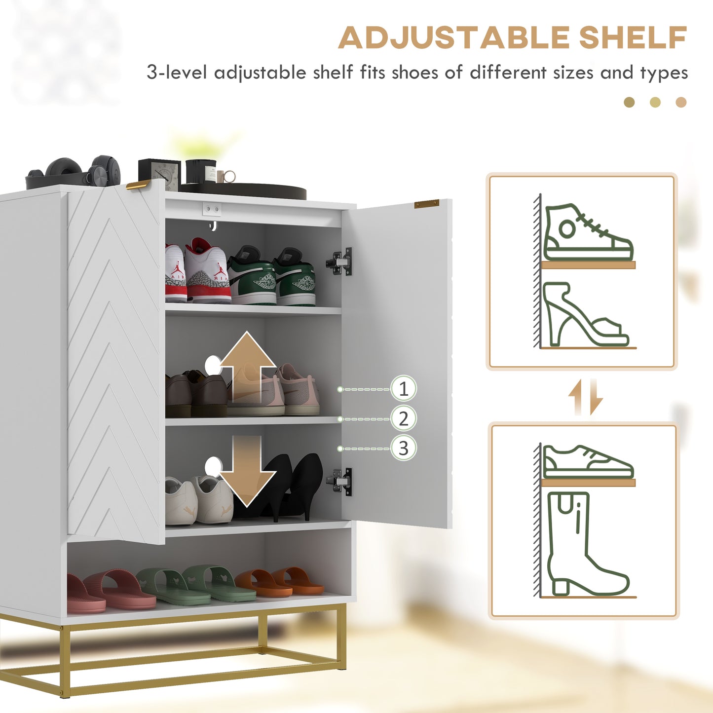 Cosu White Wooden Chevron Shoe Cupboard With Bottom Shelf and Gold Accents For 12 Pairs