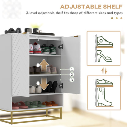 Cosu White Wooden Chevron Shoe Cupboard With Bottom Shelf and Gold Accents For 12 Pairs