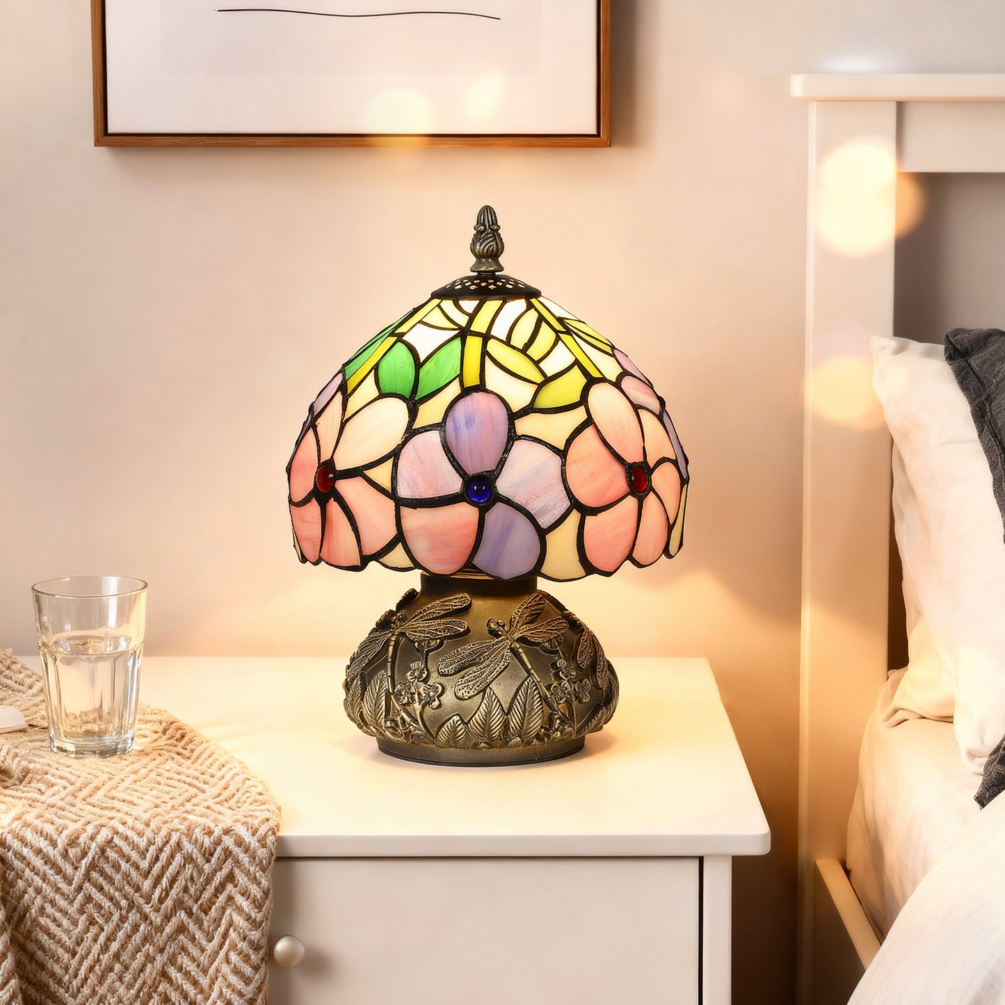 Fasa Glass And Metal Pink Tiffany Dragonfly Table Lamp With Brass Base
