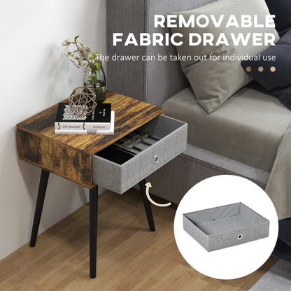 Loyo Set Of 2 Wooden Rustic Brown Industrial Bedside Tables With Grey Fabric Drawer