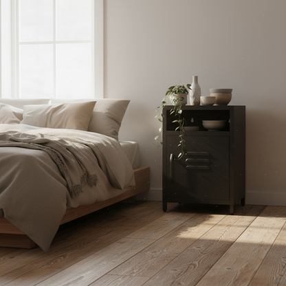 Sassafras Industrial Black Metal Bedside Table 1 Door
