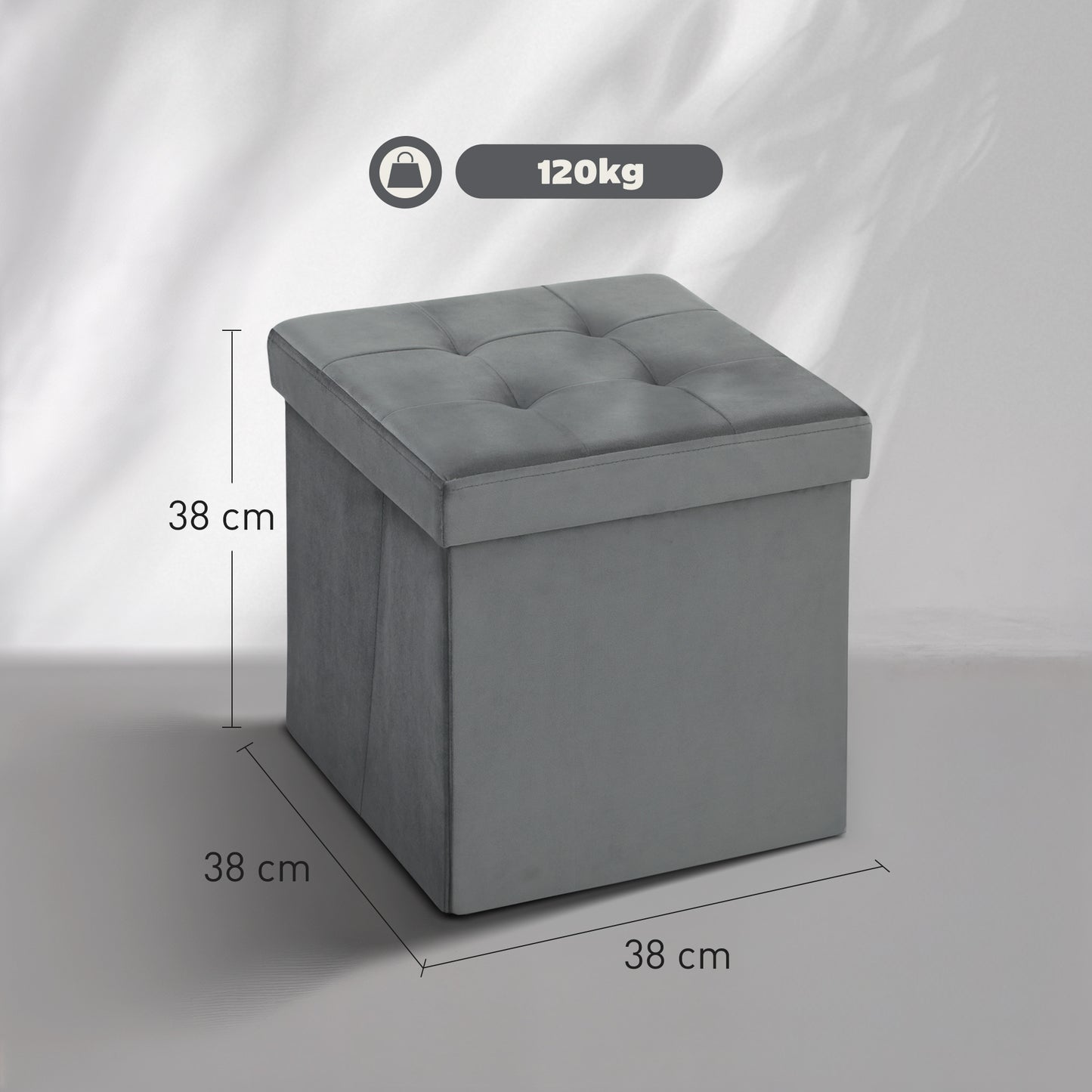 Nasedo Square Velvet Grey Foldable Storage Ottoman with Removable Lid