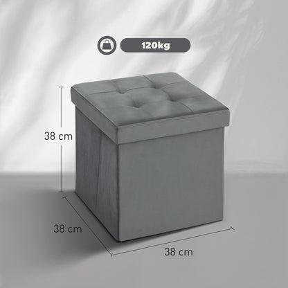 Nasedo Square Velvet Grey Foldable Storage Ottoman with Removable Lid