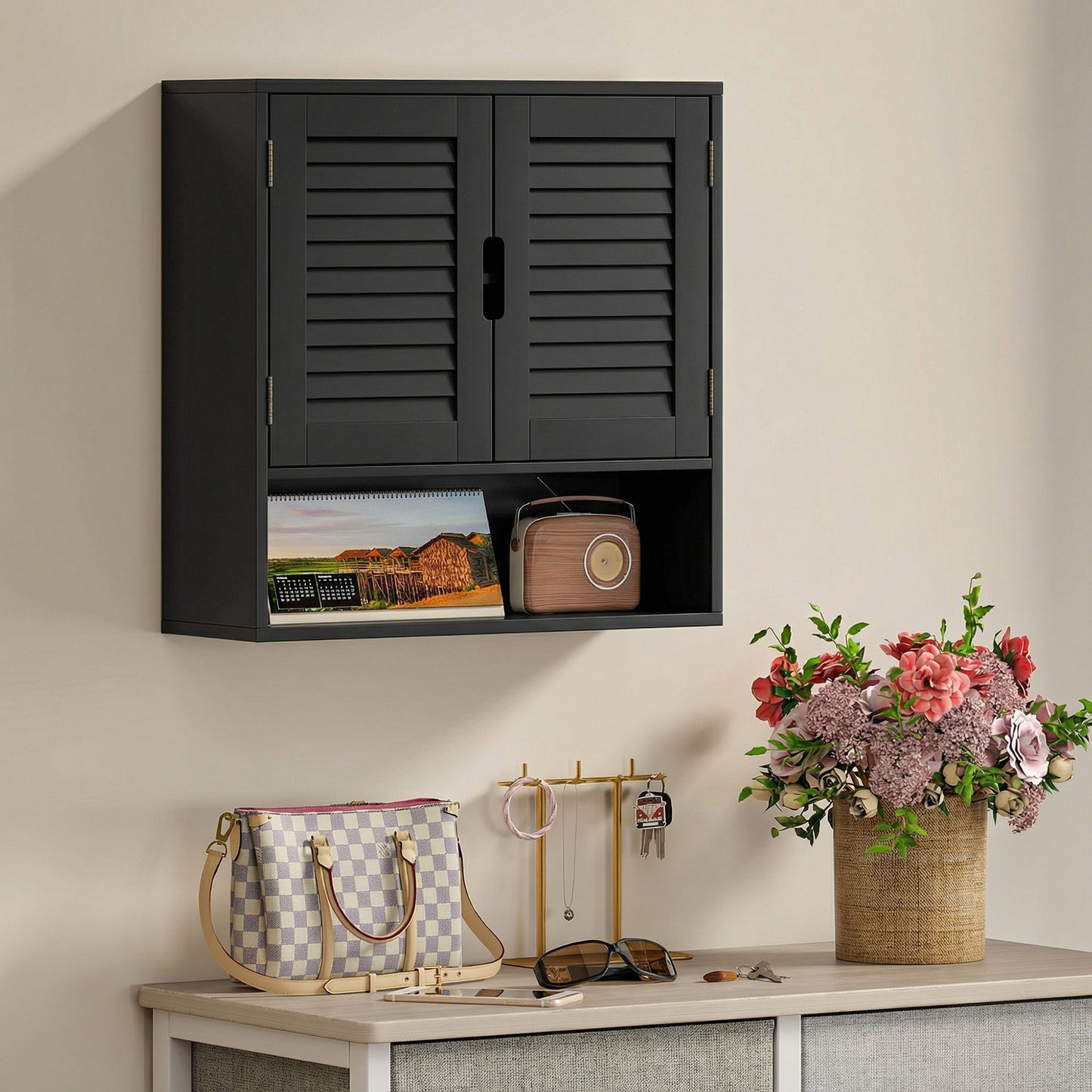Neco Wall Mounted Bathroom Storage Cabinet With Adjustable Shelves Black 60 x 20 x 60cm