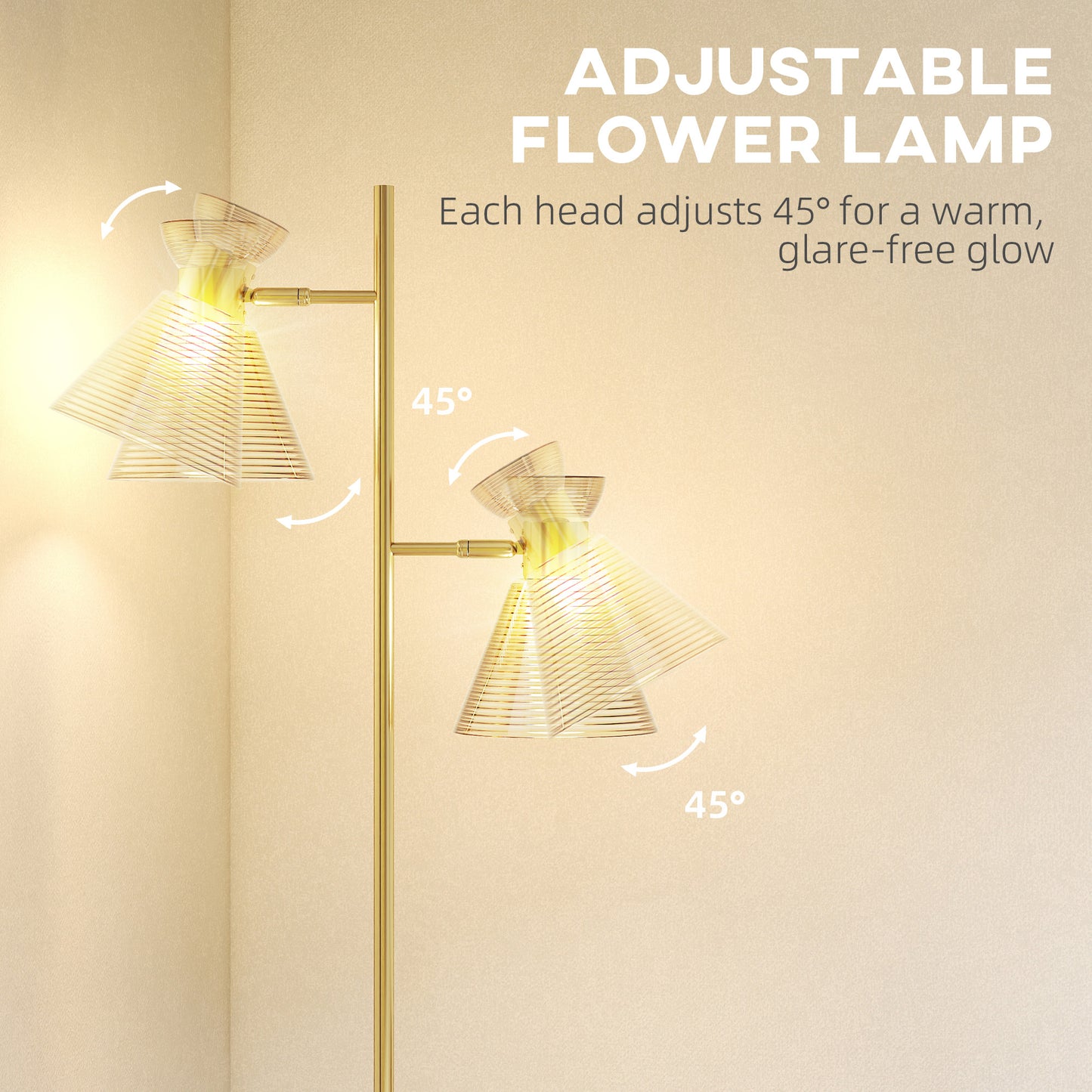 Luno Metal Gold Tone Dual Head Floor Lamp With Ribbed Glass Shades And Foot Switch