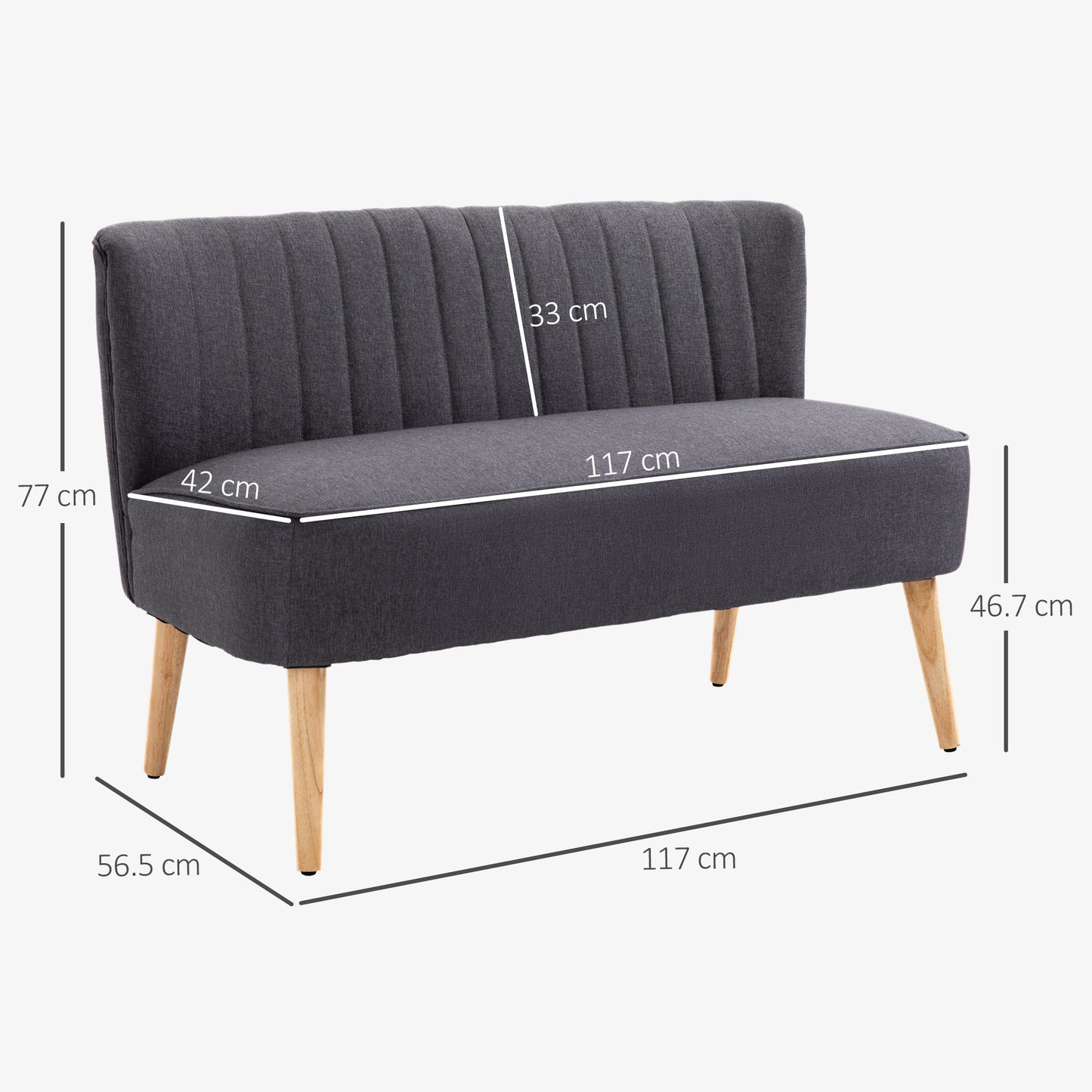 Kecoba Dark Grey Fabric Compact 2 Seater Sofa With Padded Seat And Wooden Legs
