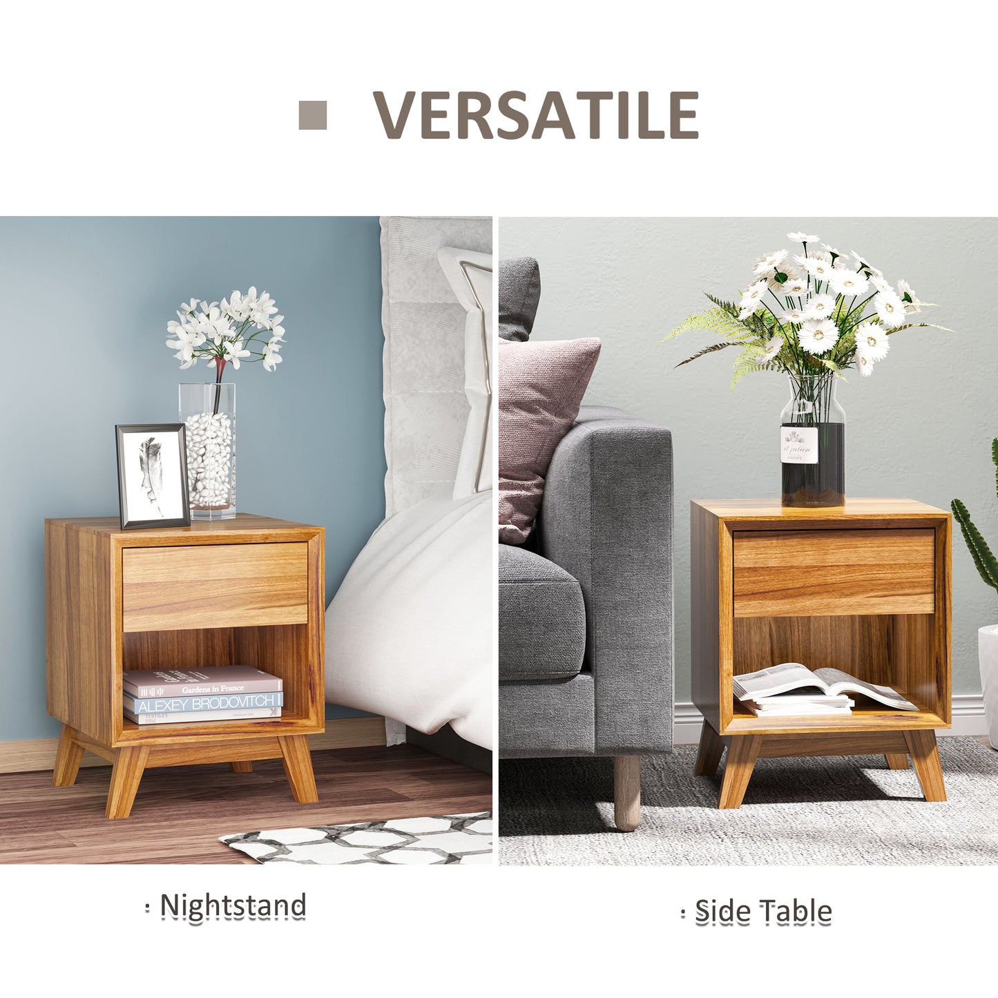 Fatoco  Set Of 2 Wooden Walnut Brown Bedside Tables With Drawer And Shelf