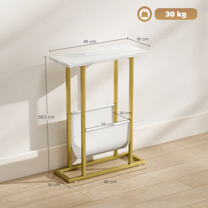 Vanozi Wooden White Marble Grain Slim Side Table With Magazine Holder For Small Spaces