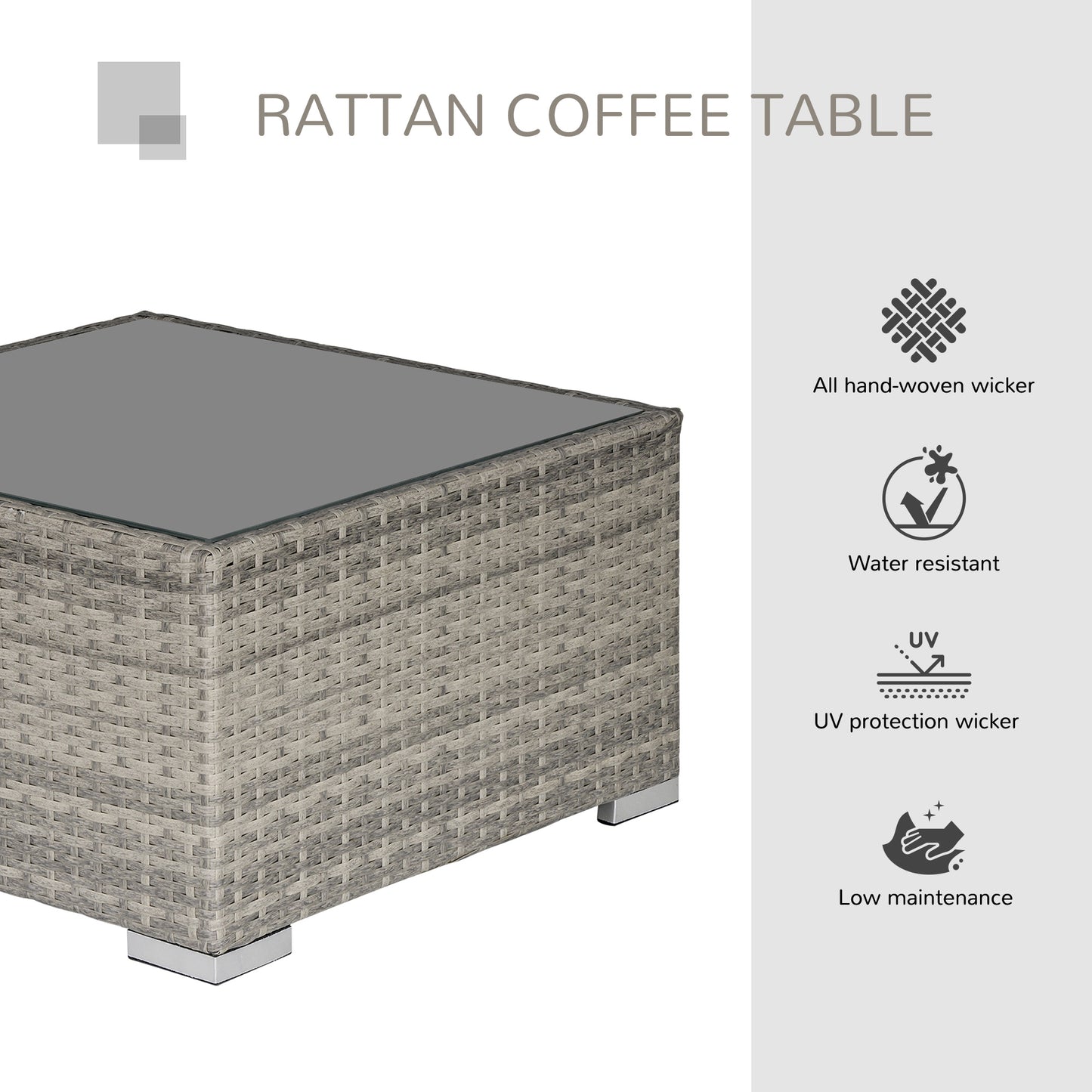 Vimito Rattan Light Grey Square Outdoor Side Table With Glass Top
