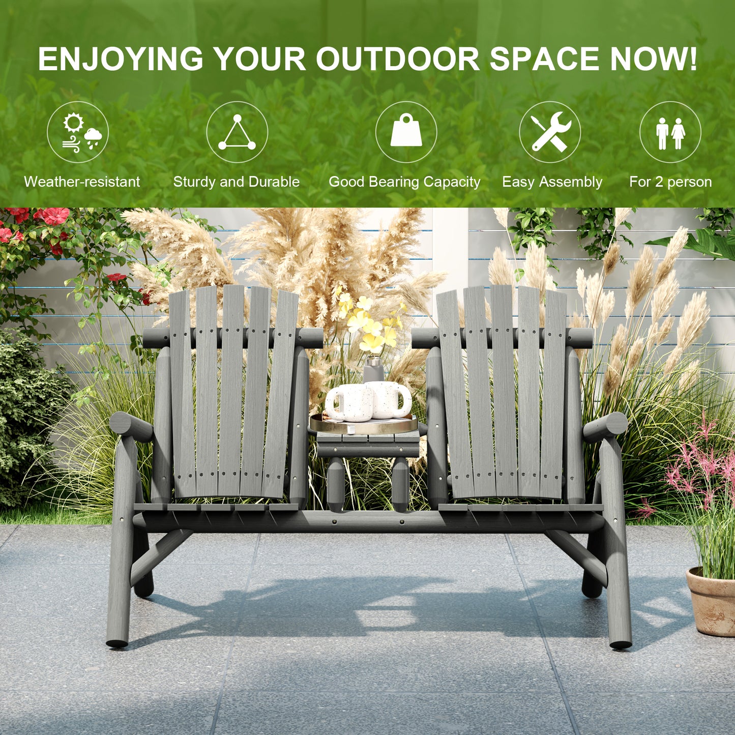 Nine Wood Grey 2 Seater Garden Bench With Central Coffee Table