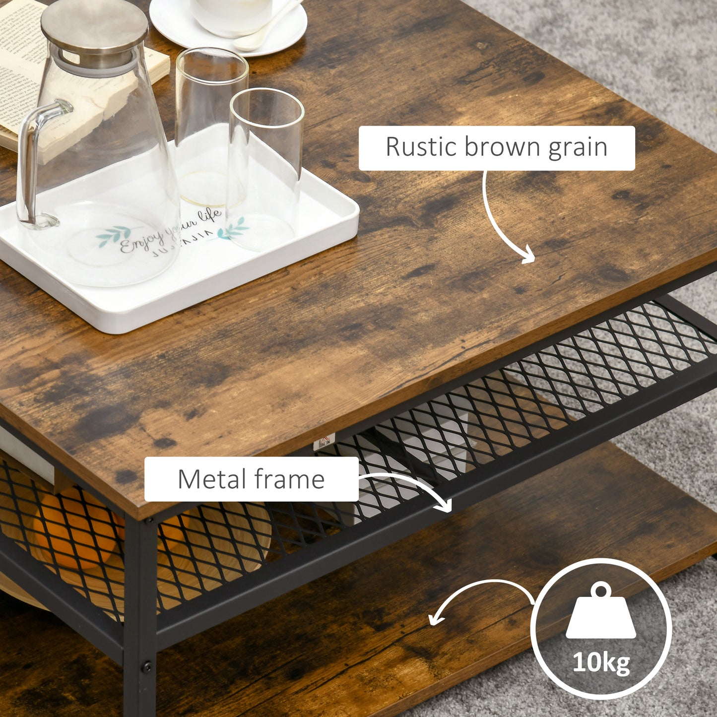 Nafata Wooden Rustic Brown Square Coffee Table With 3 Tier Shelves