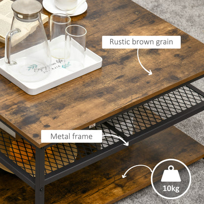 Nafata Wooden Rustic Brown Square Coffee Table With 3 Tier Shelves