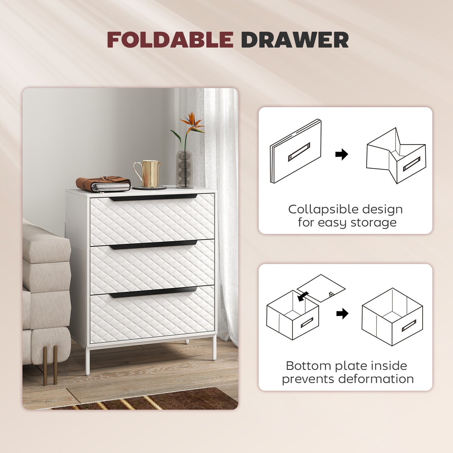 Kakara Metal White 3 Fabric Drawer Storage Dresser