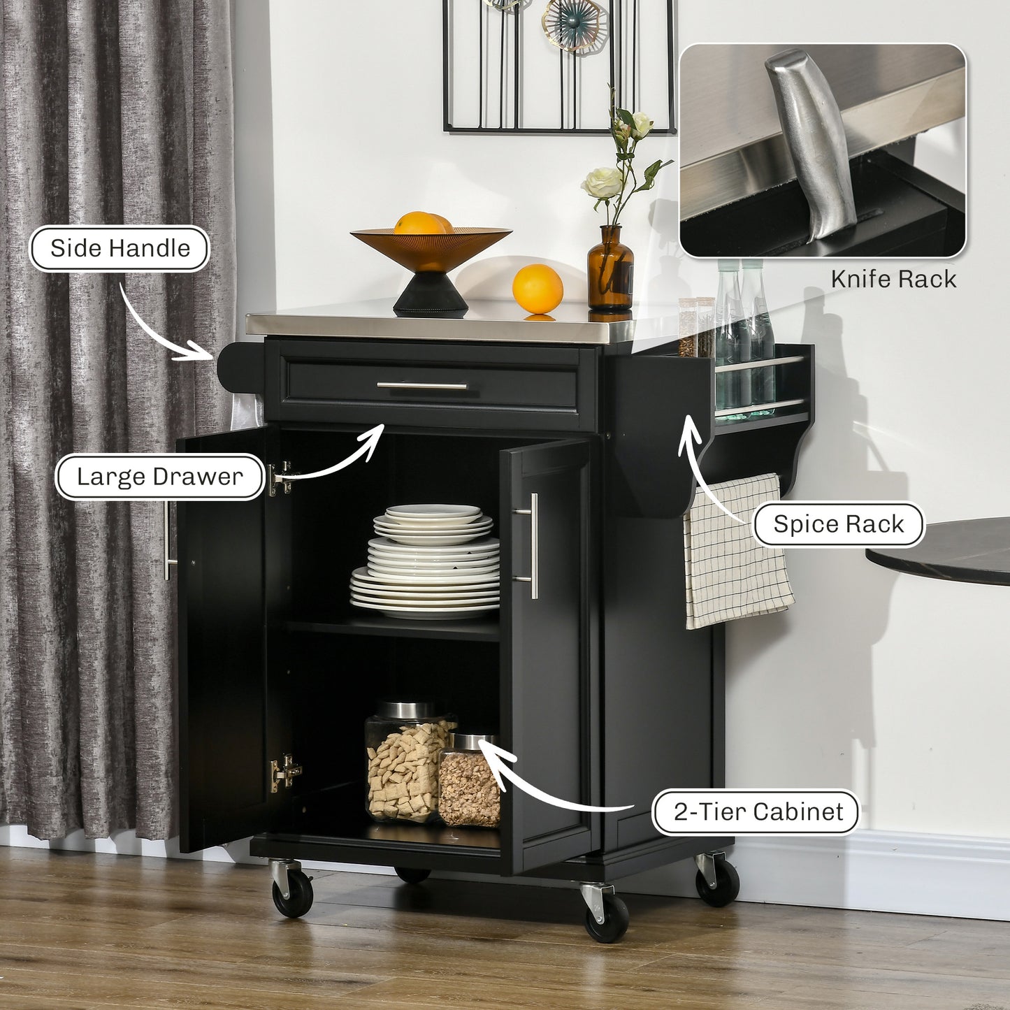 Paha Wood And Steel Black Kitchen Island Trolley With Stainless Steel Top Drawer And Side Rack