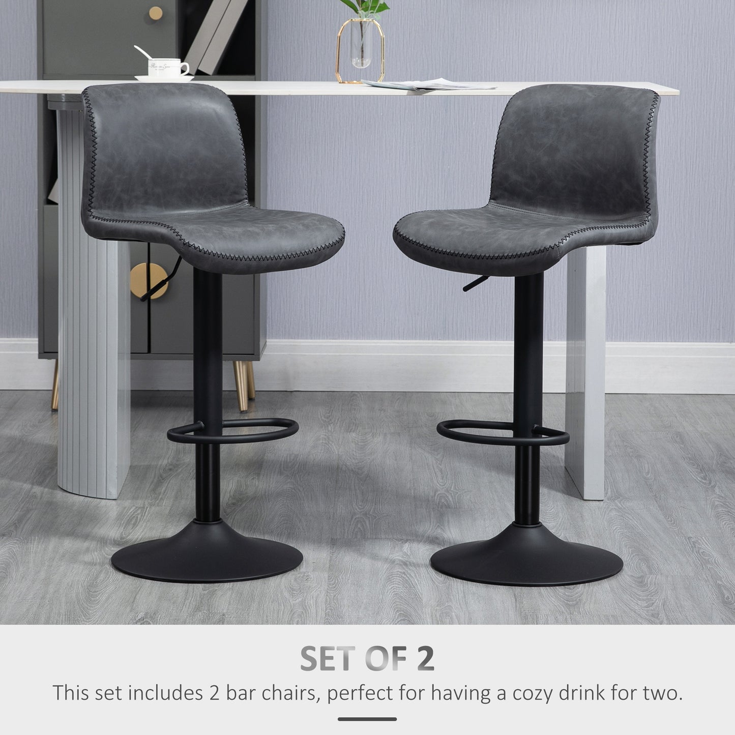 Moretta Faux Leather Dark Grey Bar Stools Set Of 2 With Backrest And Integrated Footrest
