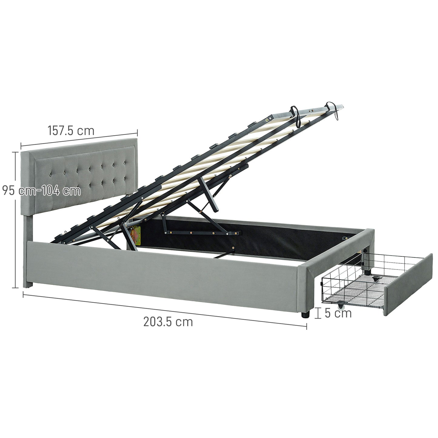 Rela 4FT6 Double Ottoman Bed Frame with Integrated Front Divan Drawer Storage In Grey