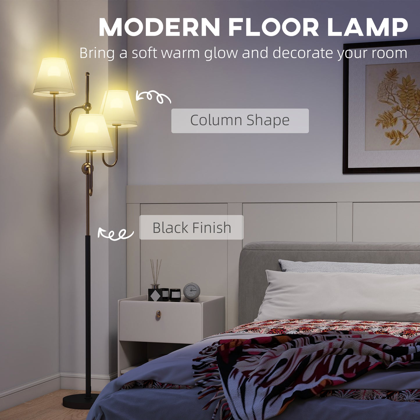Tora Metal Black Tall Floor Lamp With 3 Lights And Foot Switch E27 Fitting