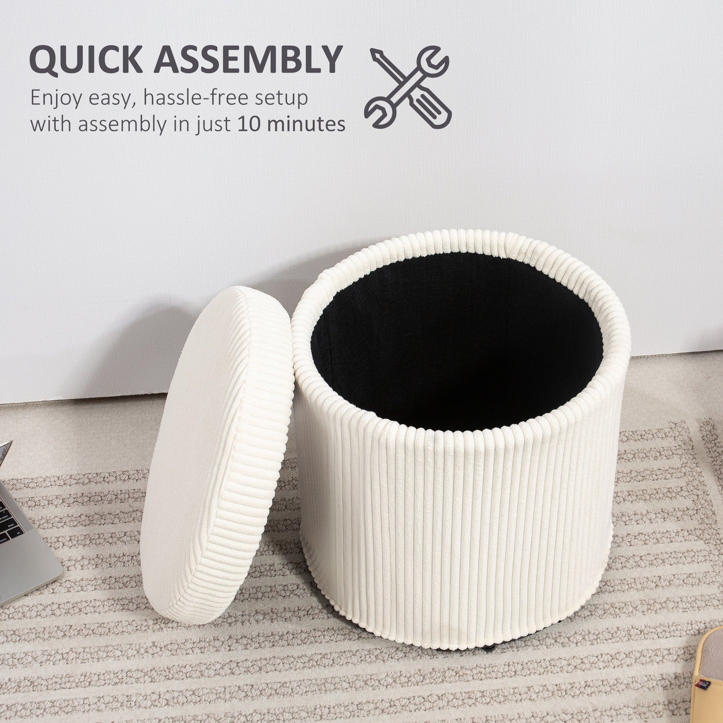 Rokael Round Beige Corduroy Storage Footstool With Removable Lid