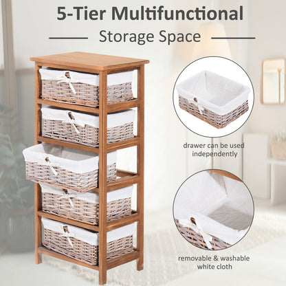 Yorila Wood Natural Finish 5 Drawer Dresser With Wicker Baskets