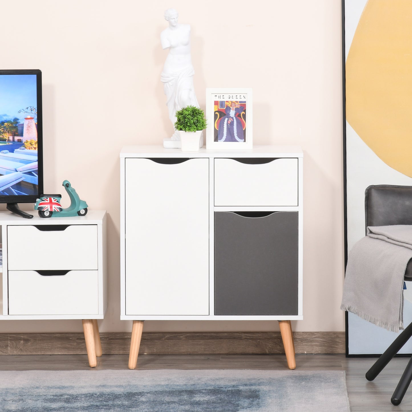 Suyopa Grey Wood Sideboard 1 Drawer 2 Doors Storage And Solid Wood Legs