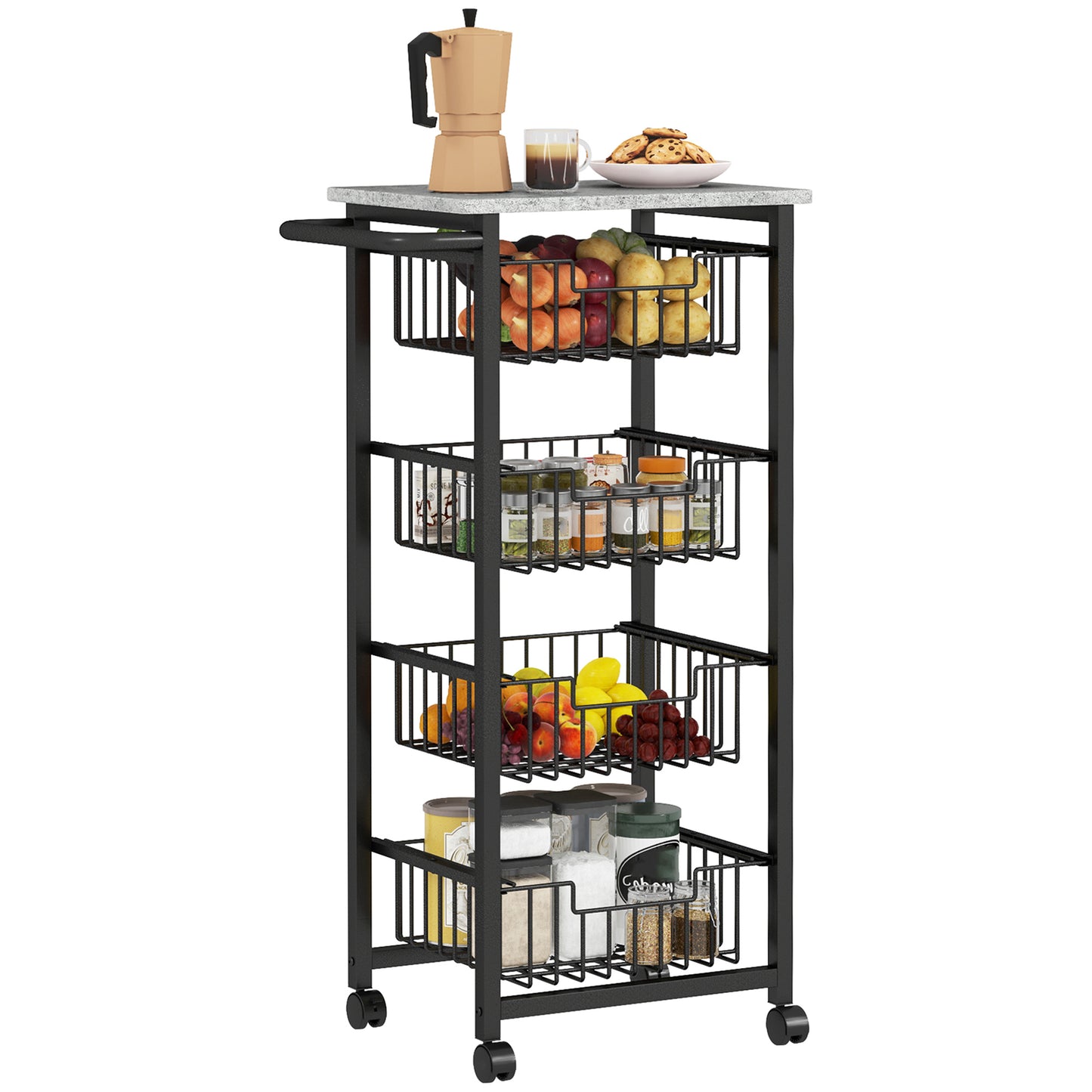 Fimado Metal Grey And Black 4 Basket Mobile Kitchen Trolley With Locking Wheels