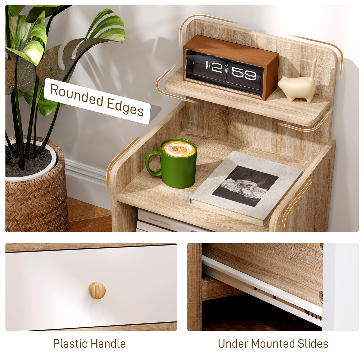 Tahadi White And Wood Effect Multi Storage Bedside Table