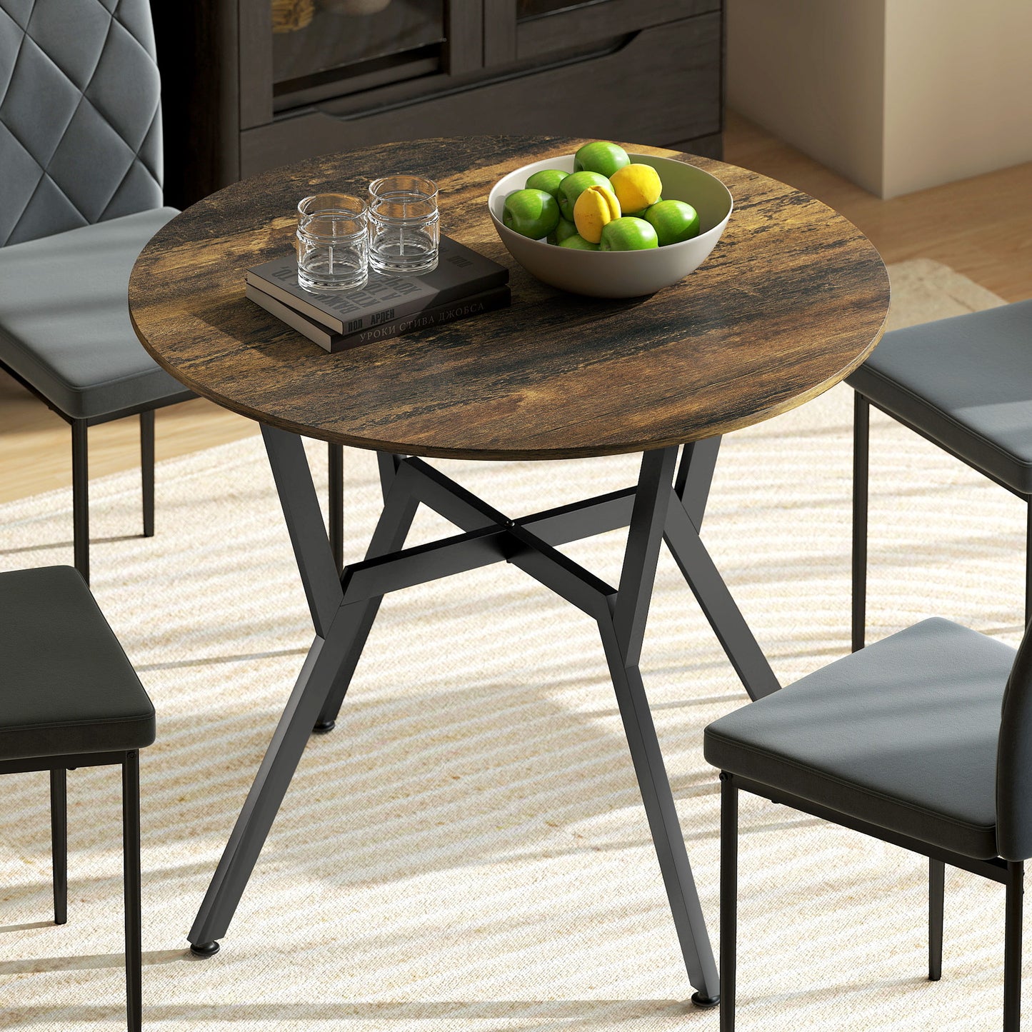 Molu Rustic Brown Round Dining Table With Black Metal Legs 90cm