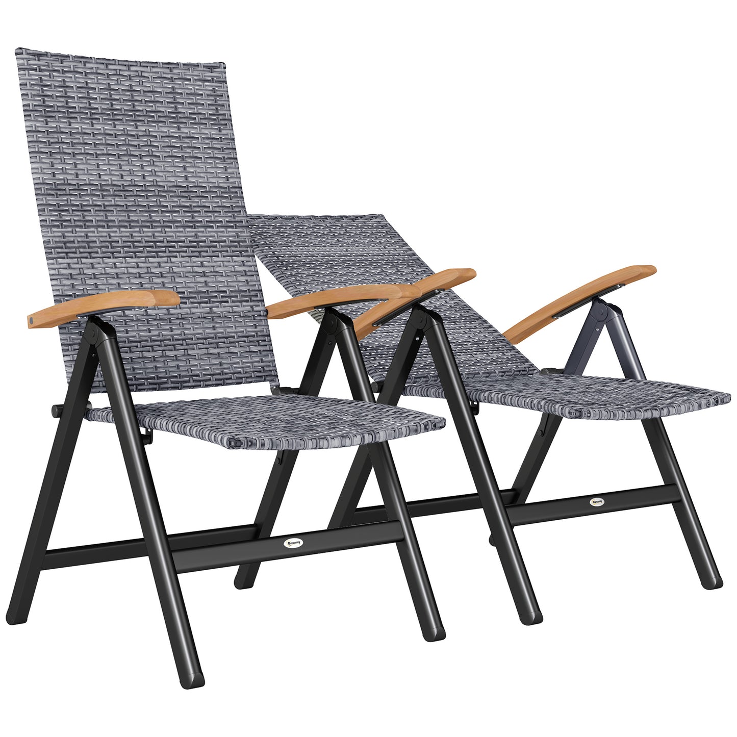 Nihara Rattan Light Grey Folding Garden Dining Chairs Set Of 2 With Reclining Back And Wooden Armrests