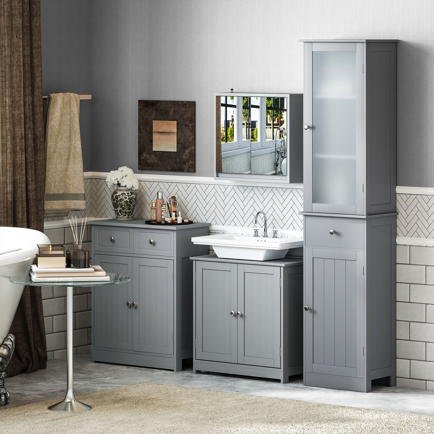 Seseha Grey Under Sink Vanity Cupboard With Double Doors And Adjustable Shelving For Fauxdestal Or OFauxn Basin