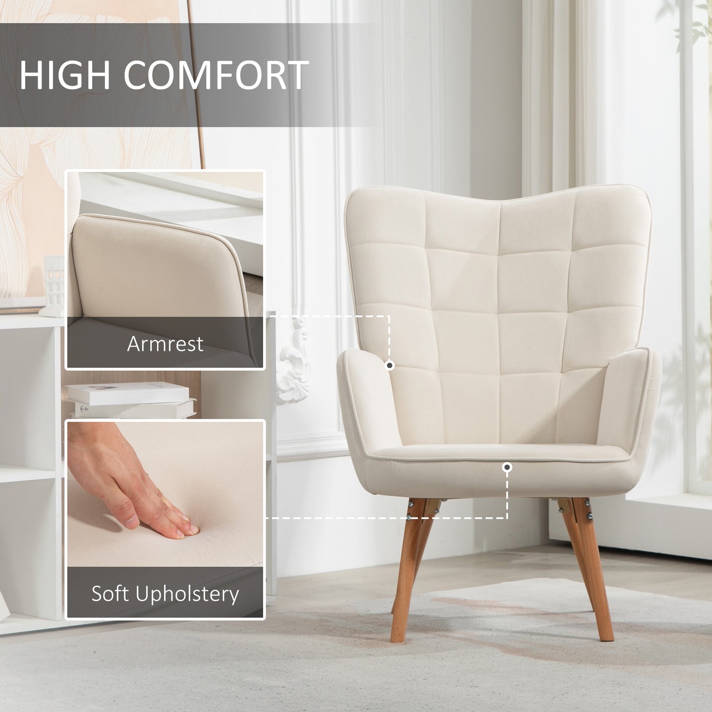 Haseto Velvet Cream White Wingback Accent Chairs Set Of 2 With Tufted Back And Wooden Legs
