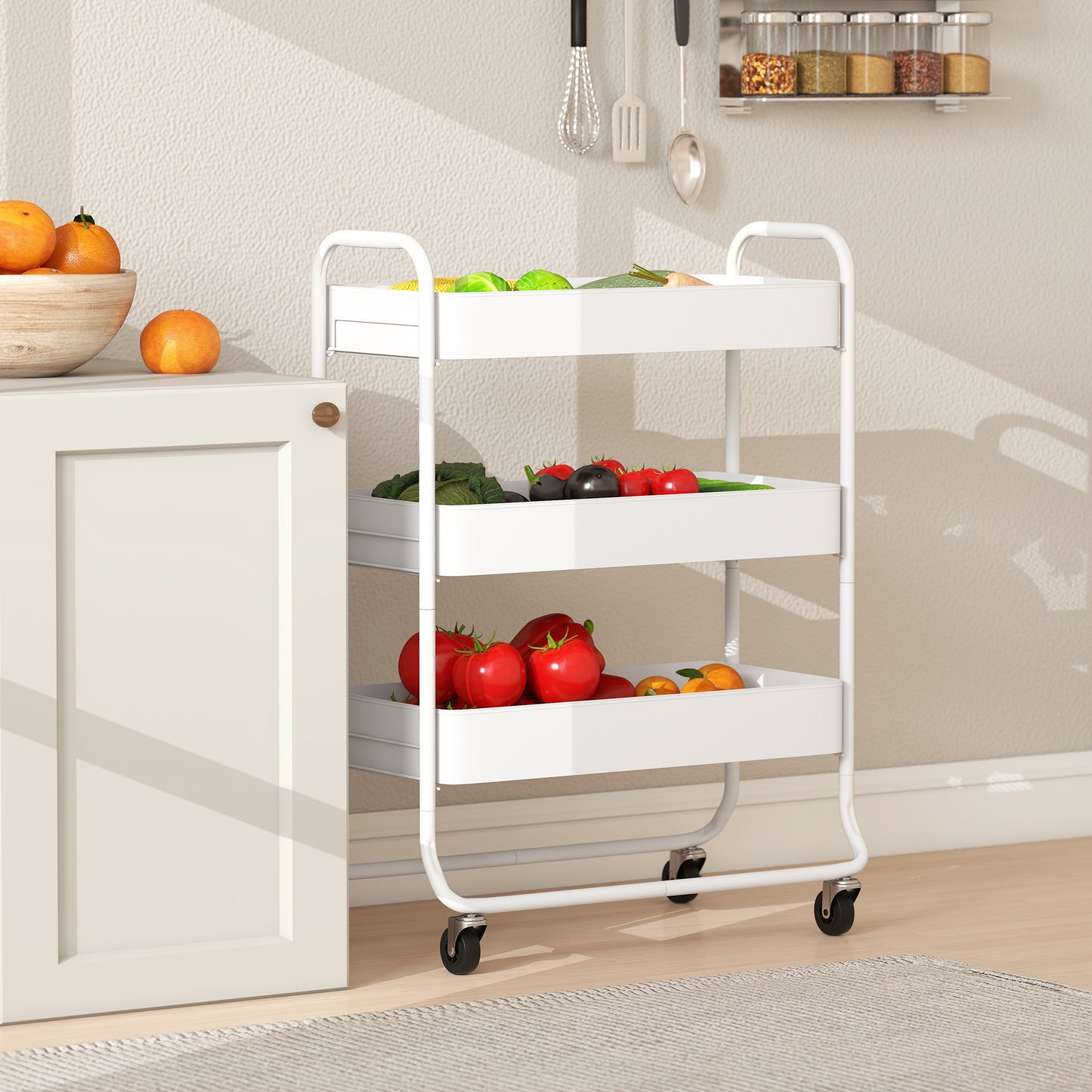 Saseta Sosa Metal White 3 Tier Rolling Utility Trolley With Mesh Baskets