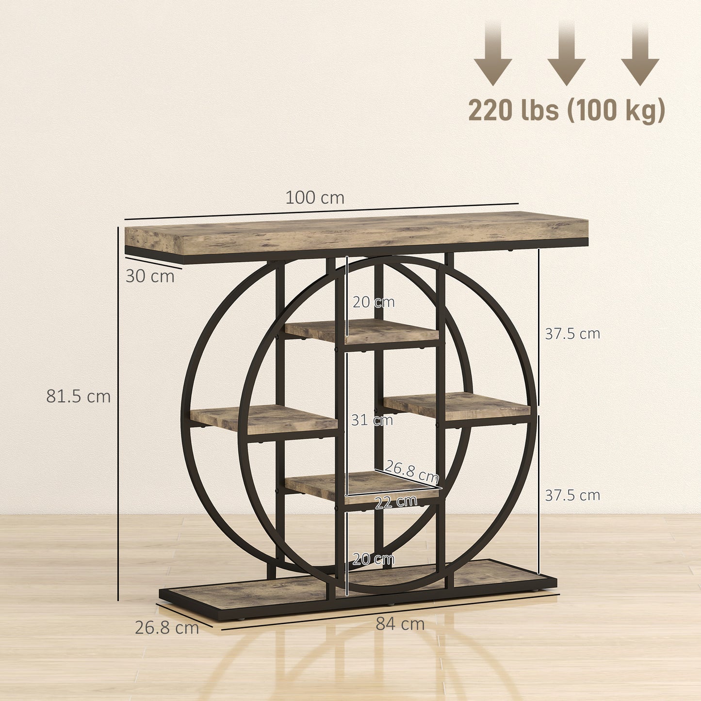 Reyore Metal And Wooden Rustic Brown Industrial Console Table With OFauxn Shelving