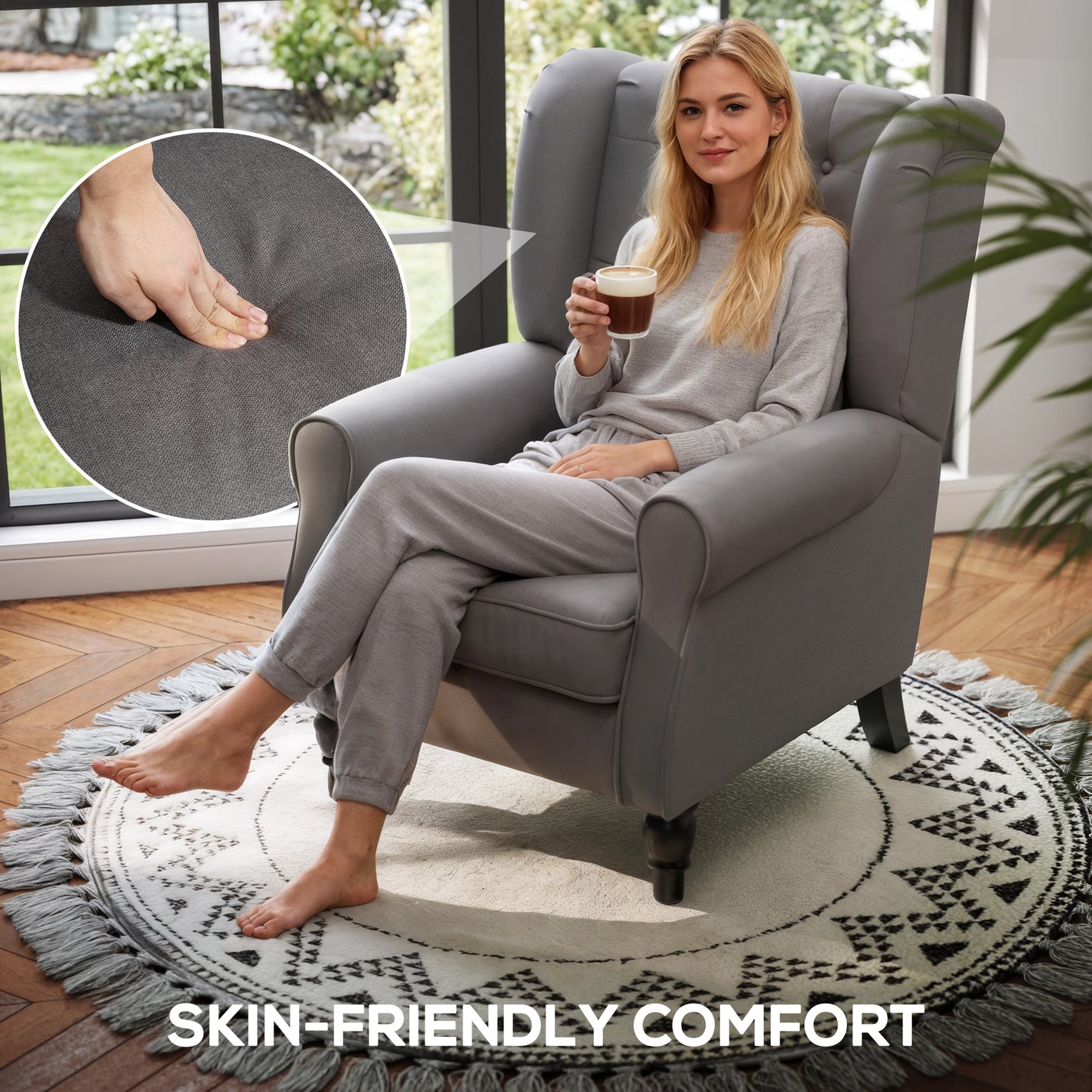Keri Molo Snow Flannel Dark Grey Wingback Accent Chair With Button Tufting And Black Legs