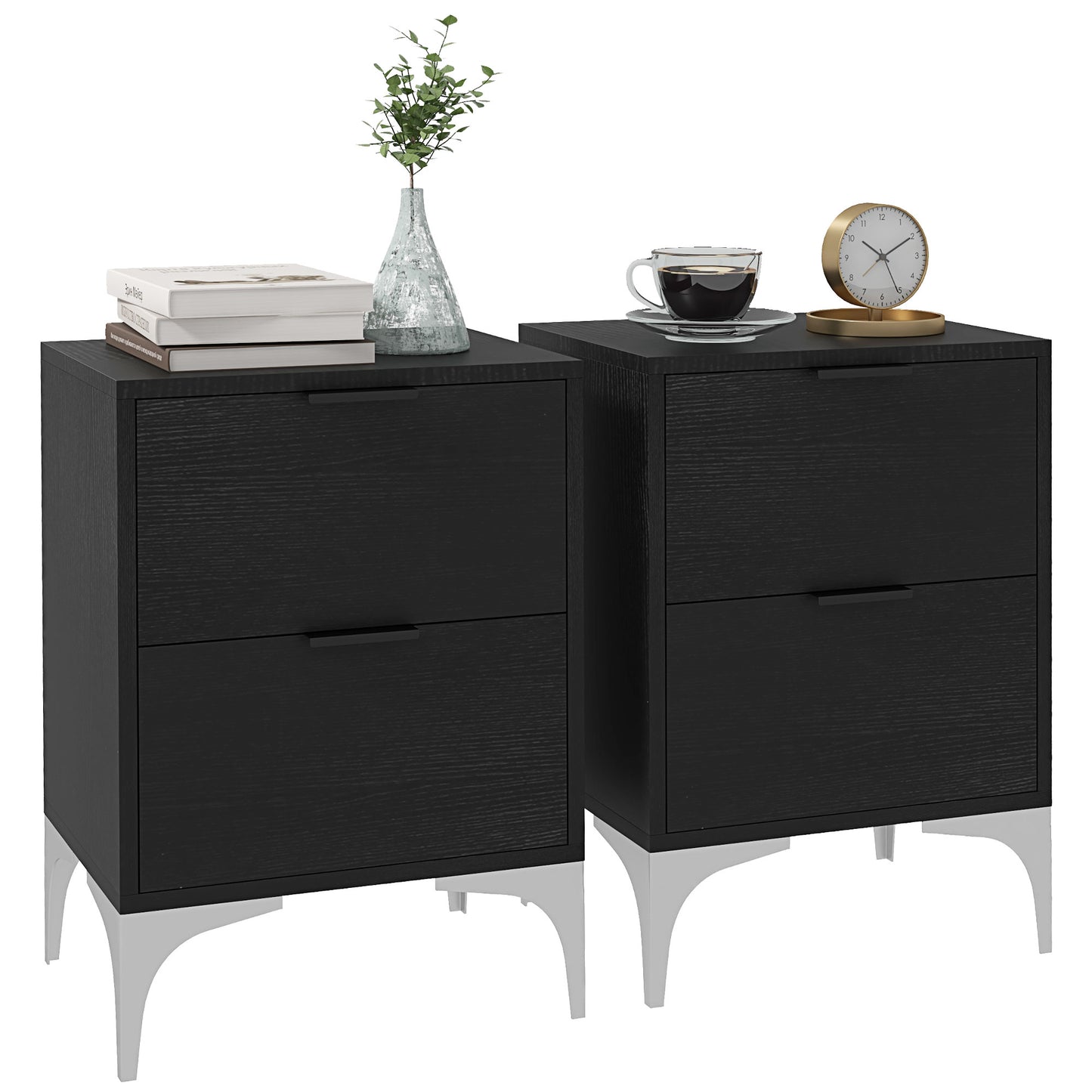 Nesove Set Of 2 Wood and Metal Black Bedside Table 2 Drawers