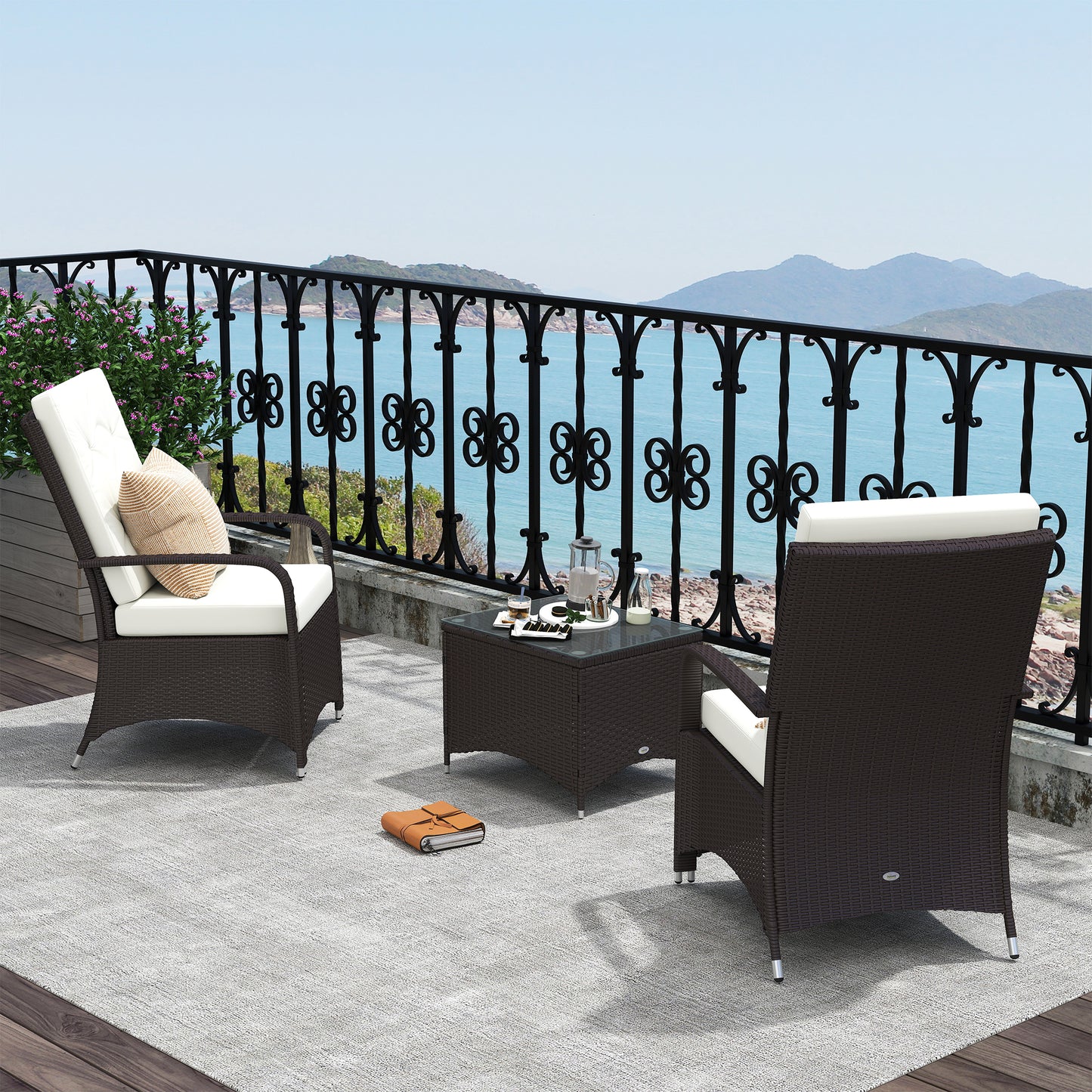 Lofita Brown Rattan White Garden 3 Piece Bistro Set With Cream Cushions And Protective Cover