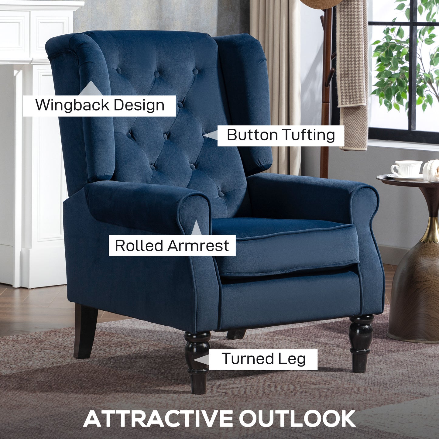 Rake Dark Blue Retro Wingback Accent Chair With Button Tufted Upholstery