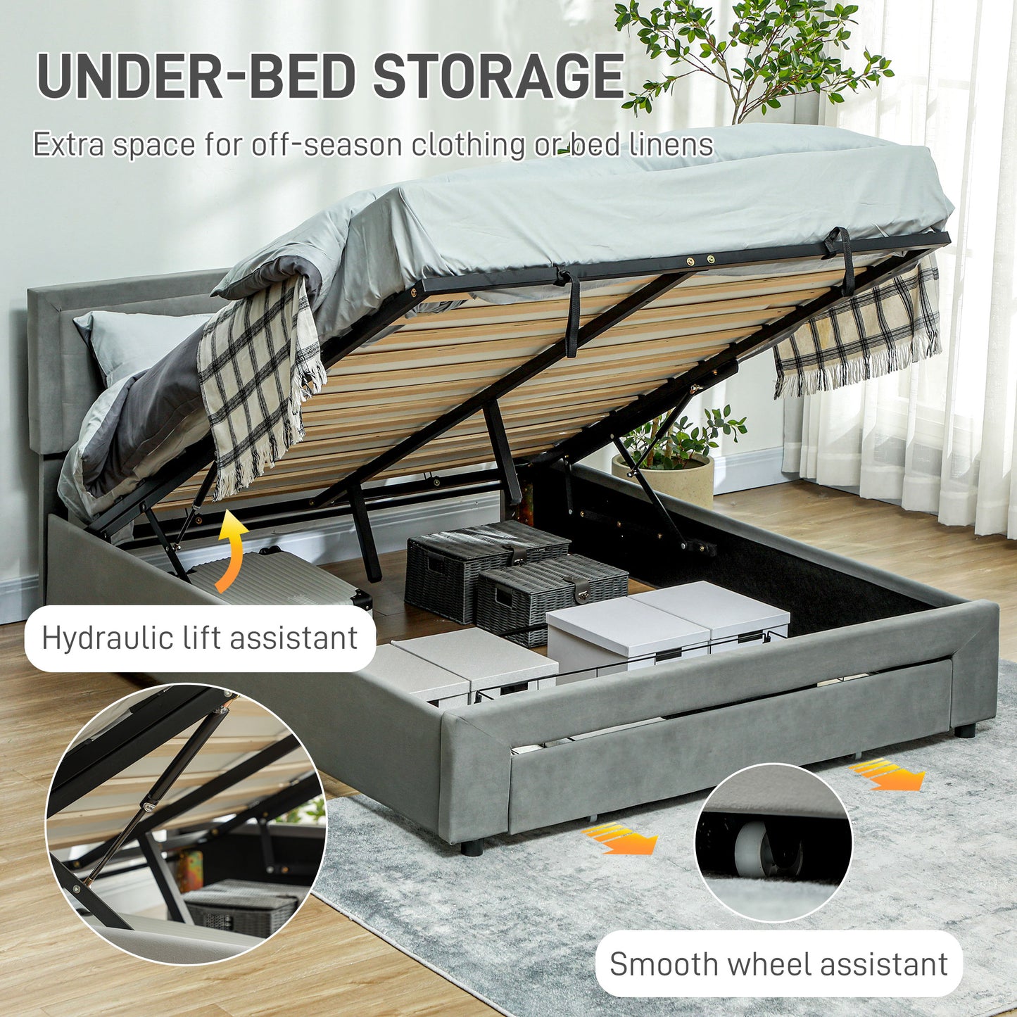 Rela 4FT6 Double Ottoman Bed Frame with Integrated Front Divan Drawer Storage In Grey