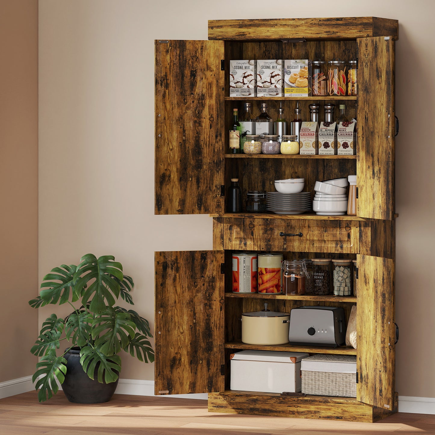 Zirolu 180cm Wooden Brown Tall Kitchen Pantry Cabinet with Drawer And Storage Shelves