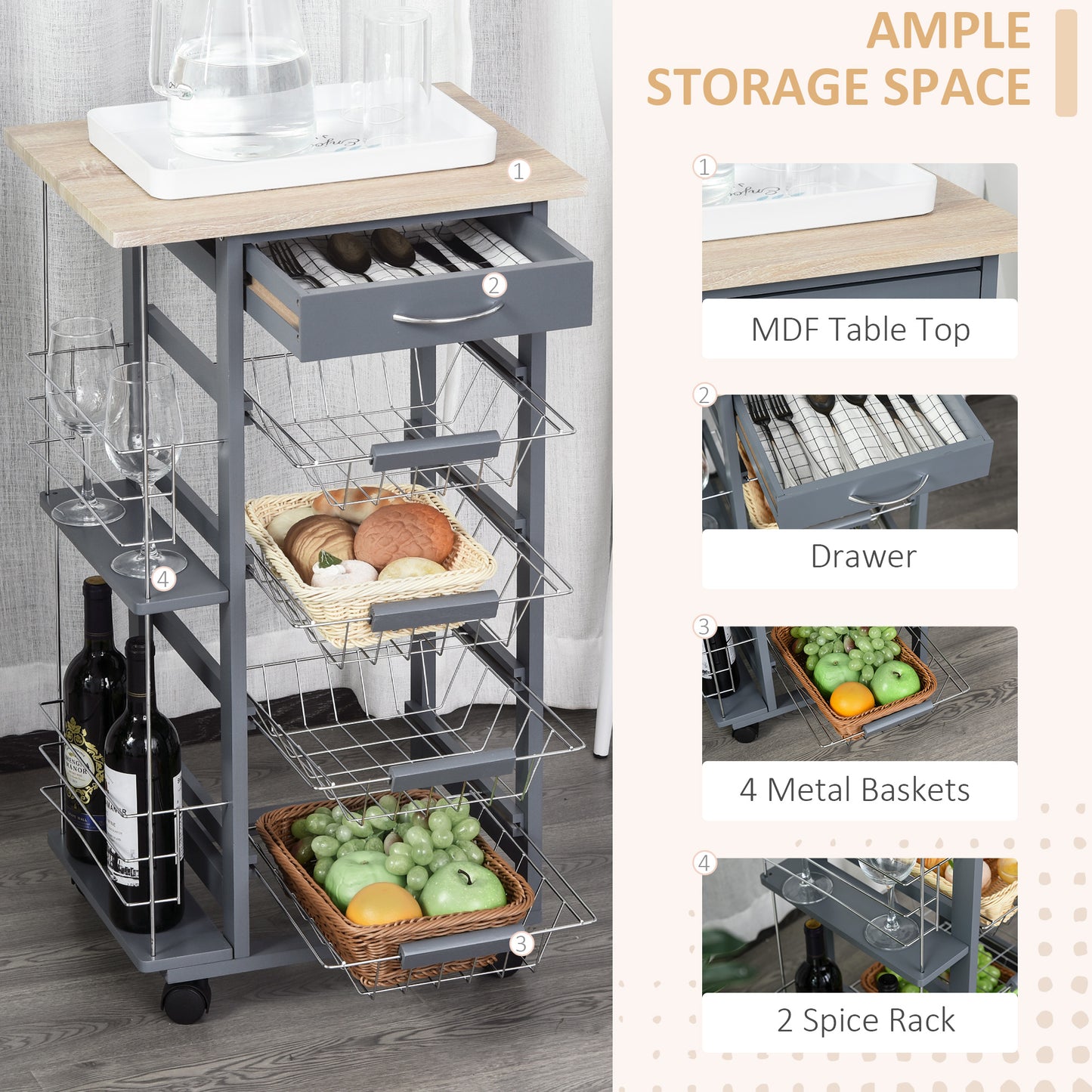 Nerake Metal Grey Rolling Kitchen Cart With 4 Basket Drawers And Side Racks