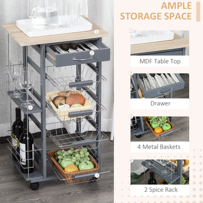 Nerake Metal Grey Rolling Kitchen Cart With 4 Basket Drawers And Side Racks