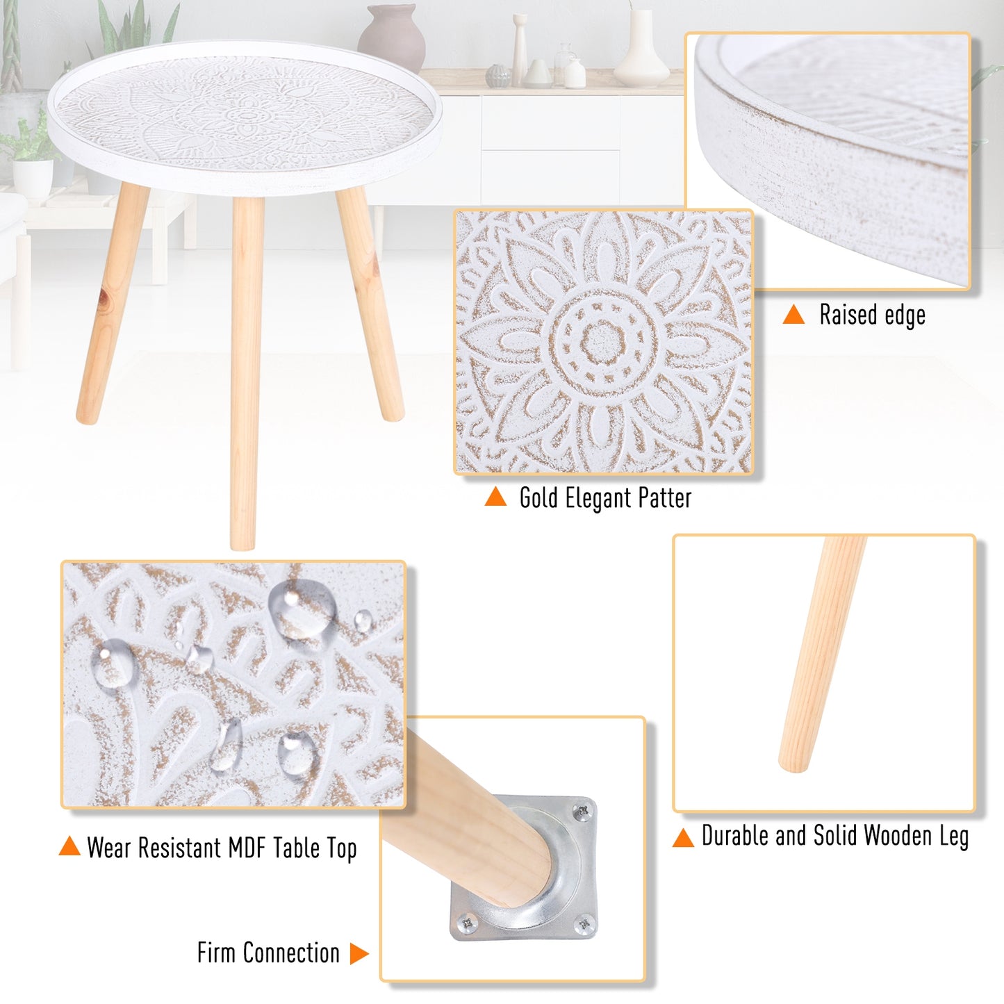 Nona Wood White Round Coffee Table With Carved Floral Tray Top