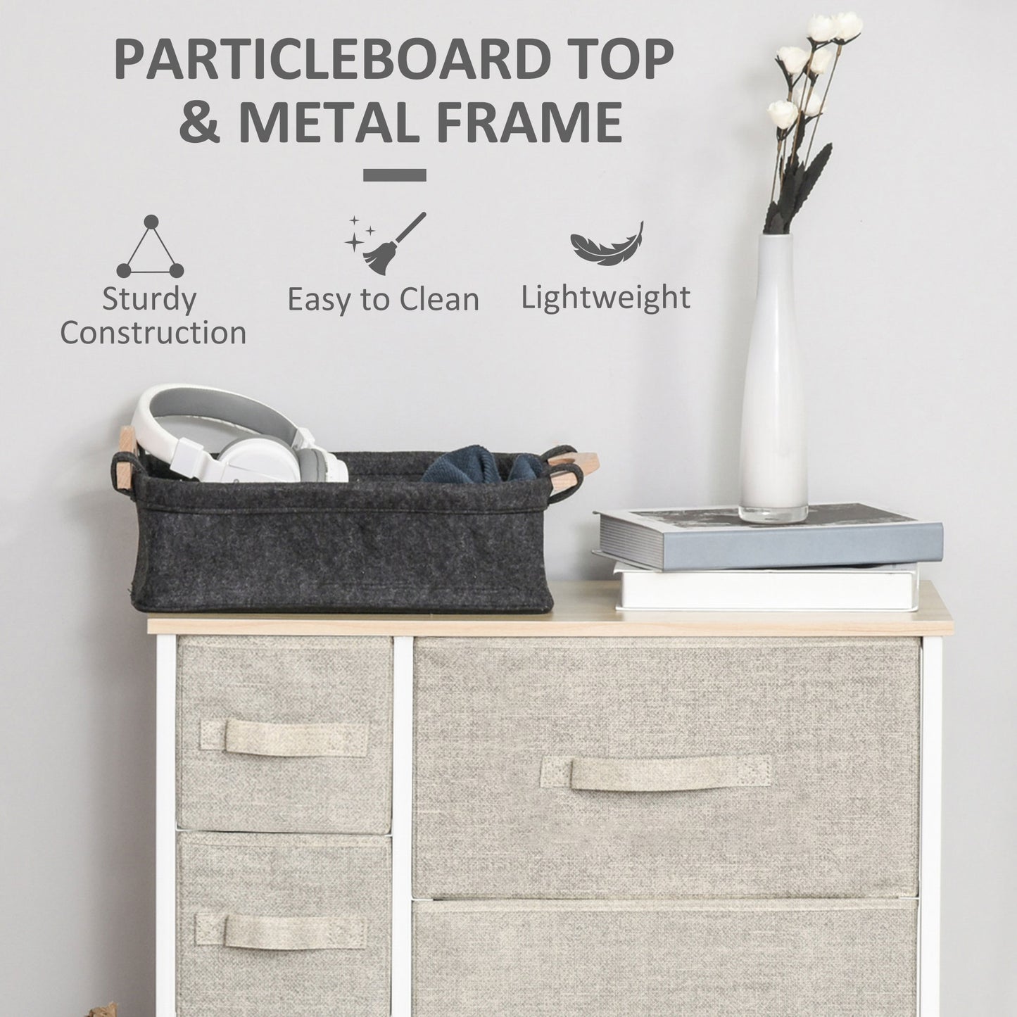 Lireta White Metal And Grey Fabric 7 Drawer Storage Chest with Natural Wooden Top