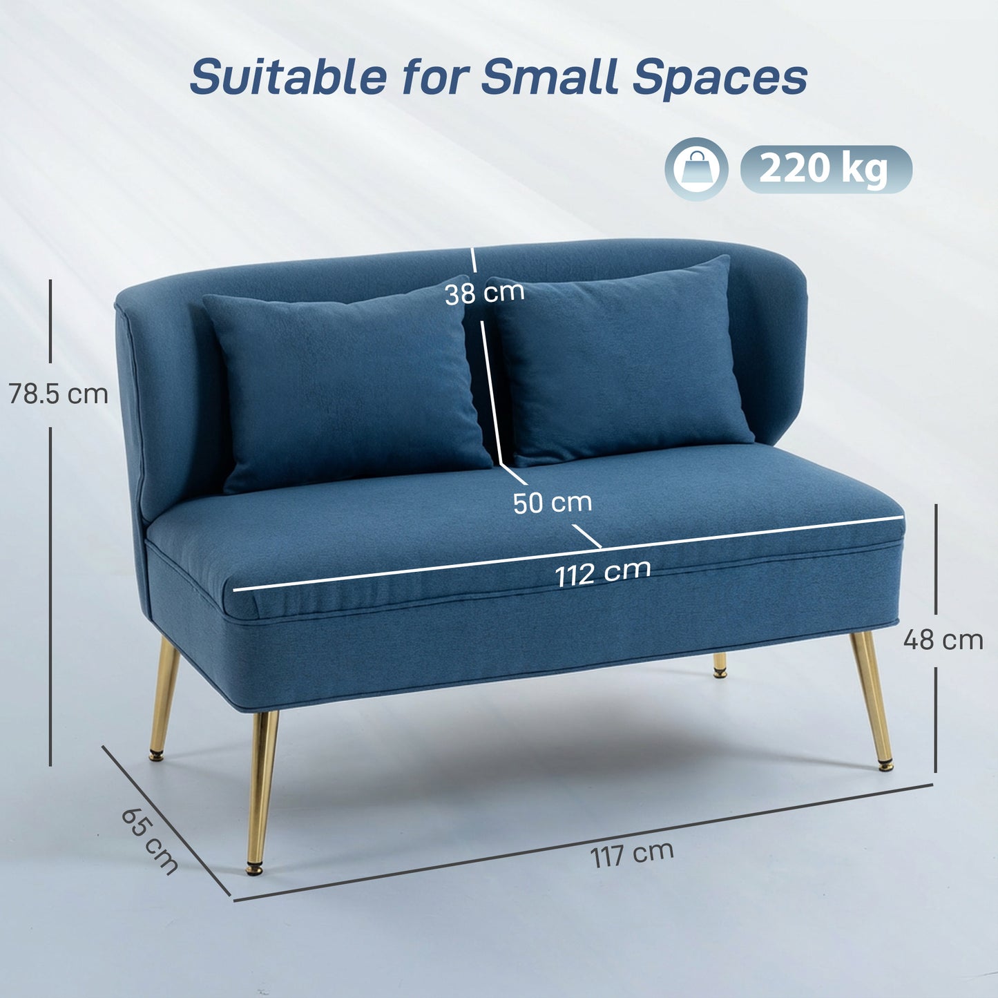 Taco Linen Look Dark Blue 2 Seater Sofa With Wingback Design And Metal Legs