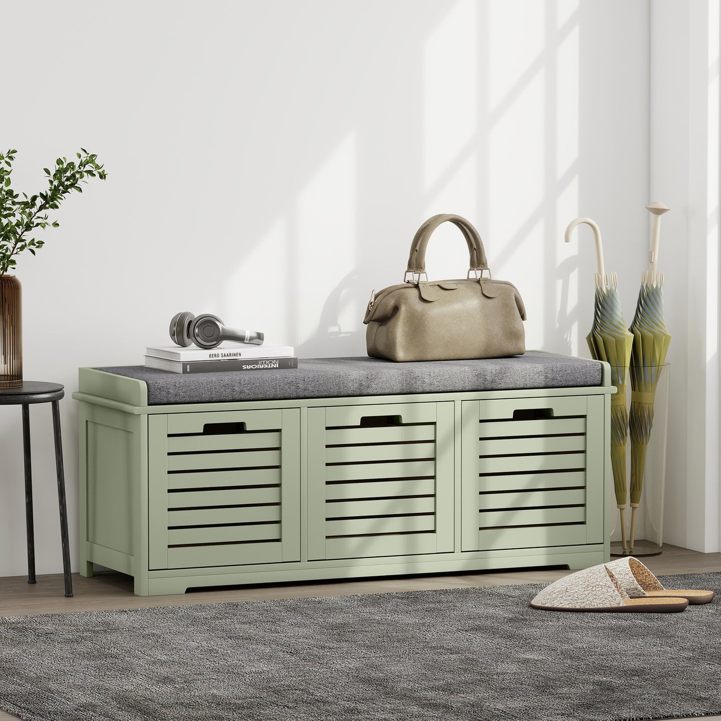 Dilena Wooden Green 3 Drawer Shoe Storage Bench with Grey Padded Seat