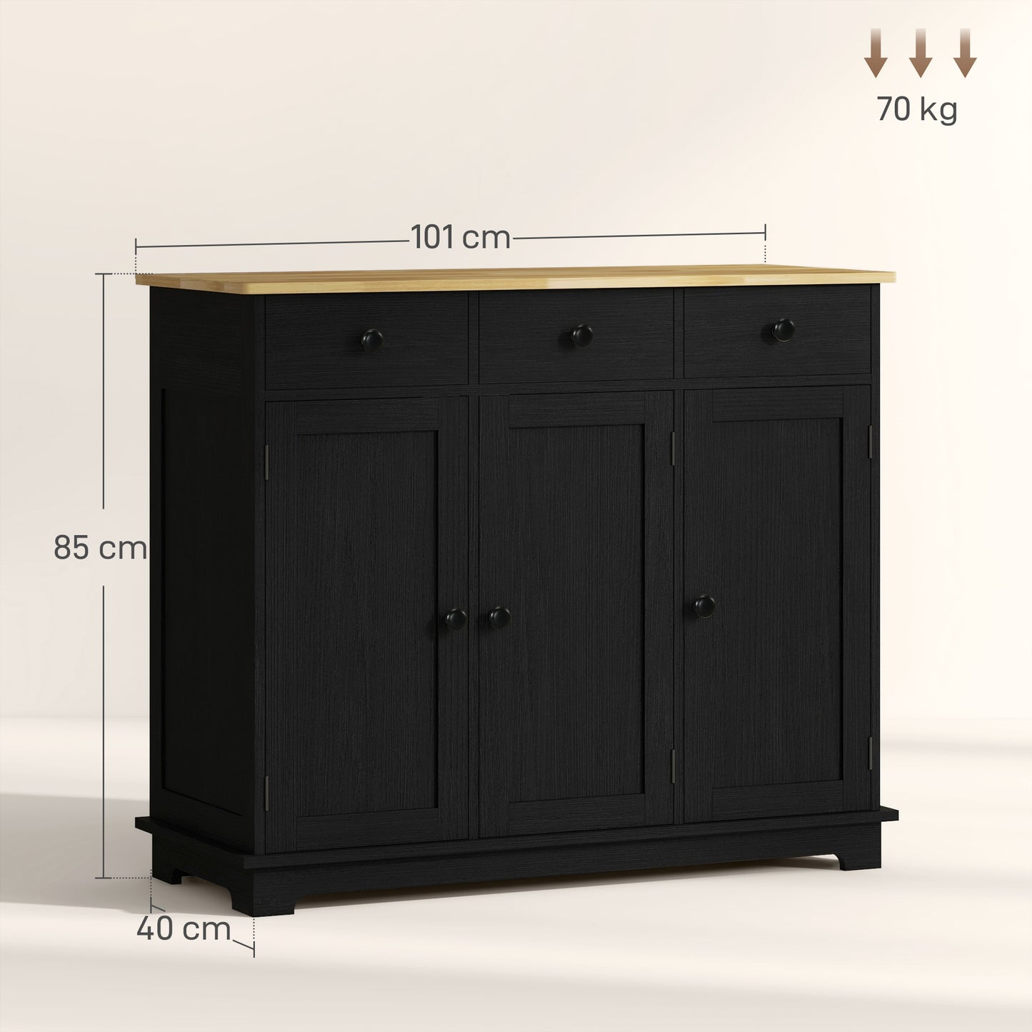 Tohave Black Wood Sideboard Natural Top 3 Doors 3 Drawers 3 Shelves