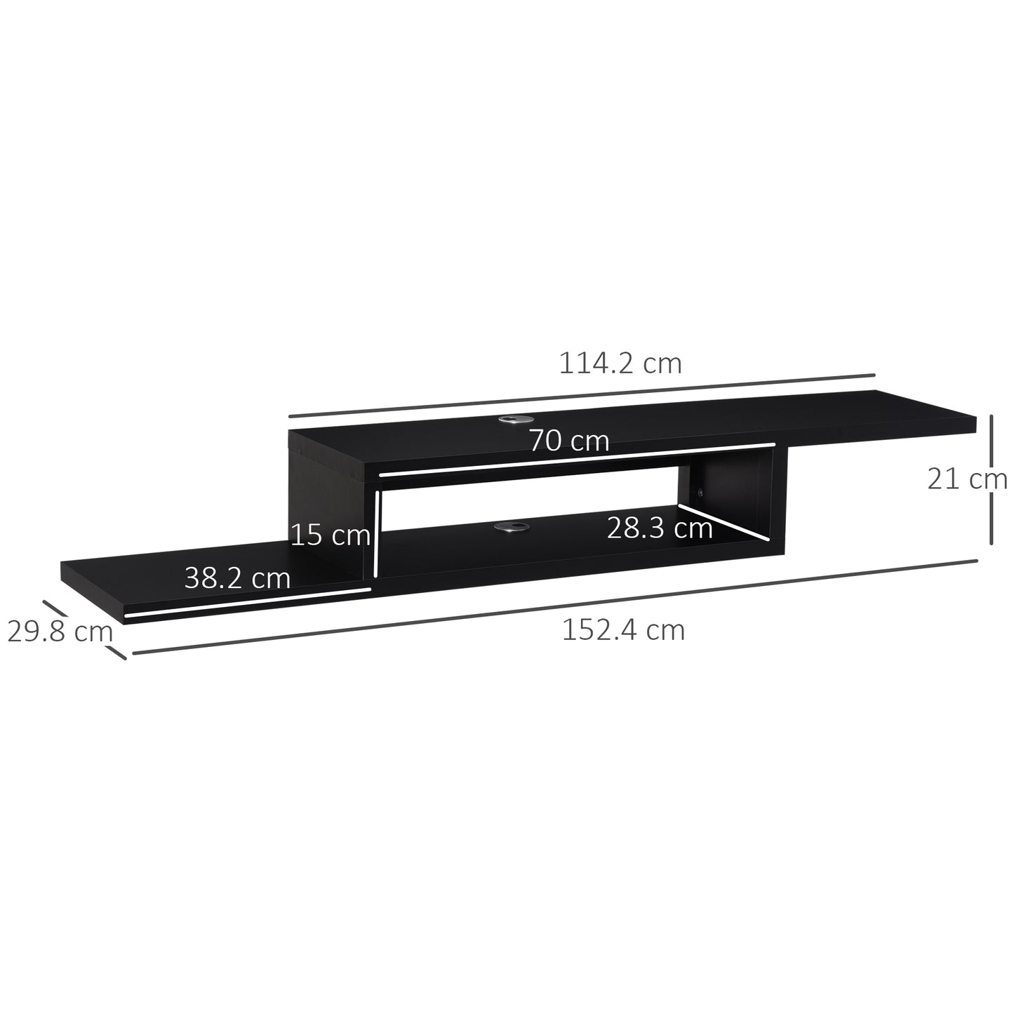 Mika Mael 152cm Wooden Black Wall Mounted Floating TV Unit With Open Shelving And Cable Ports